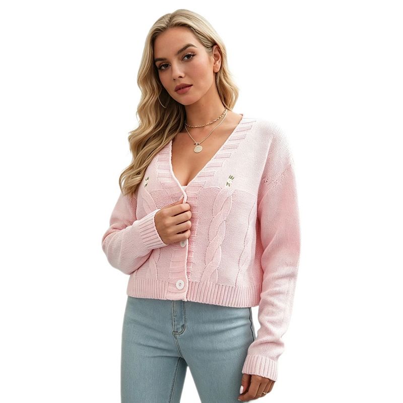 Women's Loose Fit Cable Knit Cardigan with Floral Embroidery