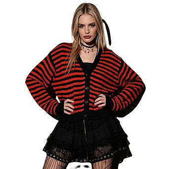 Women's Casual Long Sleeve Gothic Style Color Block Striped Knit Cardigan