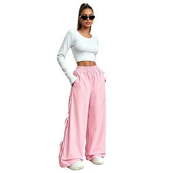 Women’s Casual Girly Side Bow Wide Leg Pants Lightweight Elastic Waist Trousers with Pockets