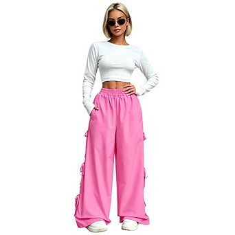 Women’s Casual Girly Side Bow Wide Leg Pants Lightweight Elastic Waist Trousers with Pockets