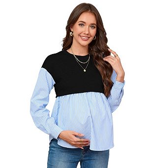 Women's Maternity Striped Button Down Shirts Long Sleeve Blouse Work Tops