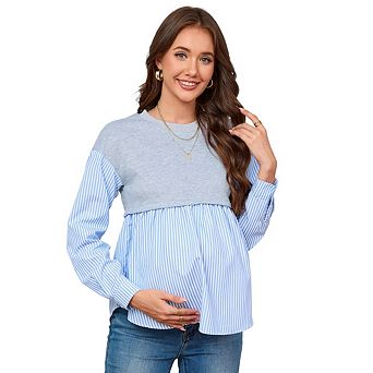 Women's Maternity Striped Button Down Shirts Long Sleeve Blouse Work Tops
