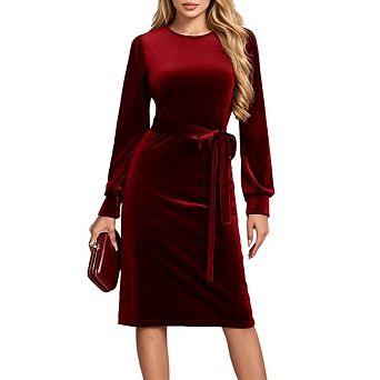 Women's Long Puff Sleeve Crew Neck Elastic High Waist Solid Cocktail Party Midi Dress