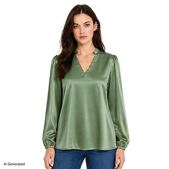 Artyska Women's Satin V-Neck Long Sleeve Blouse with Stand Collar