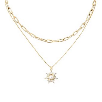 14k Gold Plated Layered Paperclip Chain Simulated Pearl Sunburst Pendant Necklace