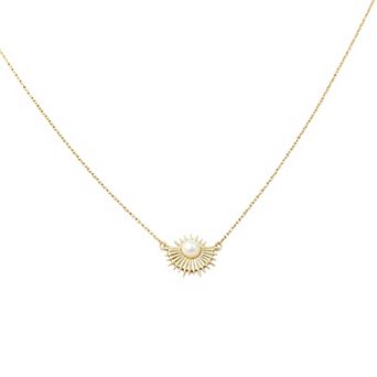 14k Gold Plated Simulated Pearl Sunburst Station Necklace