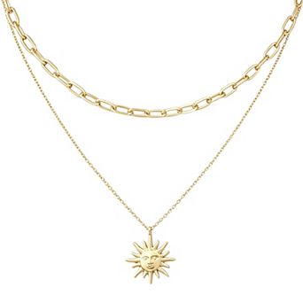 14k Gold Plated Layered Link Chain Sun Face Pendant Necklace