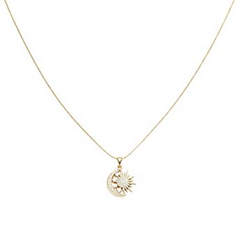 14k Gold Plated Cubic Zirconia Sun and Crescent Moon Pendant Necklace