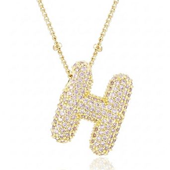 14k Gold Plated Cubic Zirconia Bubble Letter Pendant Necklace Gift for Her