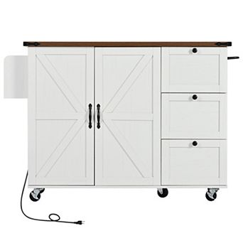 Trikiousd Farmhouse Kitchen Island w/Power Outlet, Drop Leaf, Spice Rack, 54.5"Rolling Kitchen Cart