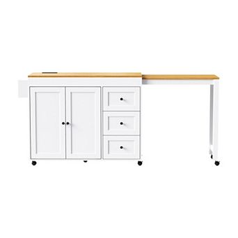 Trikiousd Extendable Kitchen Island Table Storage Cart with 2 Door Cabinet, 3 Drawers, Power Outlet