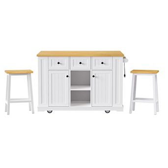 Trikiousd 53" Kitchen Island w/ 2 Bar Stools, Power Outlet, Storage Cart on 5 Wheels w/ Drop Leaf