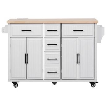 Trikiousd Kitchen Island 56.5" Rolling Kitchen Cart on Wheels w/ Power Outlet, Drop Leaf, 5 Drawers