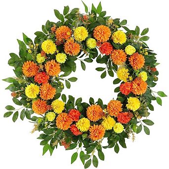 26-Inch Artificial Marigold Fall Wreath with Green Leaves for Front Door