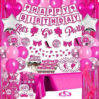 Glitter Birthday Kit Pink Banner, Swirls, Balloons & Fringe 85 pc