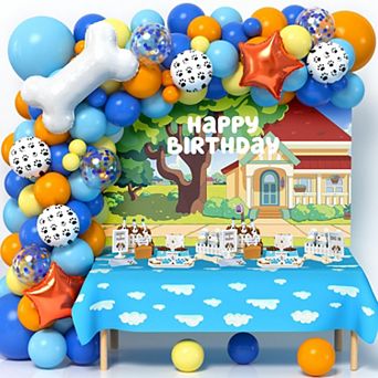 Dog Birthday Party Decor 118 pc Blue Paw Balloon Arch Kit with Tablecloth, Bones Backdrop for Puppy