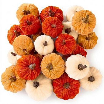 24 pc Assorted Velvet Pumpkins, Rust Orange Fall Thanksgiving Decor