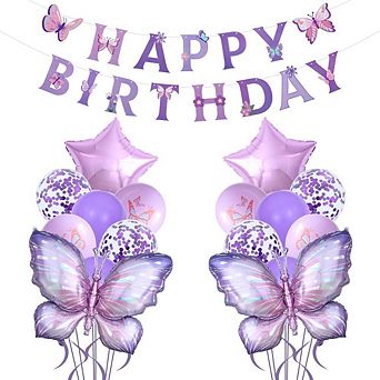 Purple Butterfly Birthday Kit 18 pc Balloon & Banner Combo for Purple Themed Girl’s Birthday Party