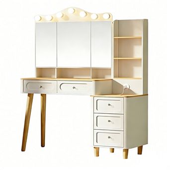 Trikiousd Vanity Desk Tri-fold Mirror Dressing Table with USB Ports