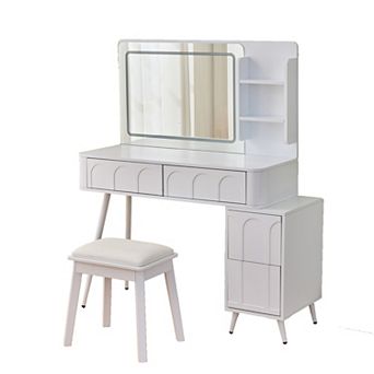 Trikiousd Modern Bedroom Vanity Set, Office Desk Dressing Table and Stool Set with LED Lights Mirror