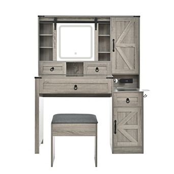 Trikiousd Sliding LED Mirror Makeup Vanity Glass Top Dressing Table Desk with Stool for Bedroom