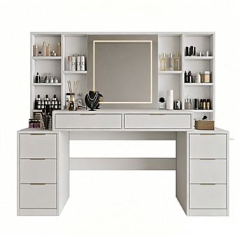 Trikiousd 59" Large Makeup Vanity Desk with Mirror and Lights, Women and Girl Dressing Table