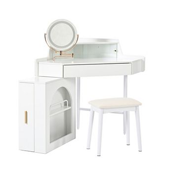 Trikiousd Corner Makeup Vanity Desk with Rotating LED Mirror, Modern Dressing Table & Stool Set