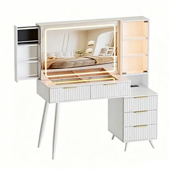 Trikiousd Glass Top Makeup Table Vanity Desk with LED Mirror, Fluted Dressing Table with Drawers
