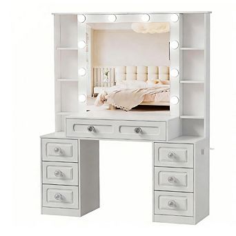 Trikiousd Large Makeup Table Vanity Desk with Charging Station, 7 Drawers Dresser with Mirror