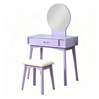 Trikiousd Wooden Makeup Vanity Table Round Vanity Mirror and Stool Set