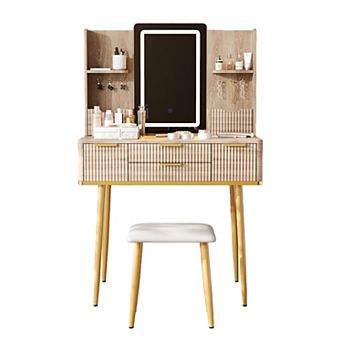Trikiousd LED Vanity Desk with Stool, Jewelry Storage Makeup Table