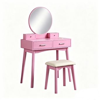 Trikiousd Wooden Makeup Vanity Table and Stool Set with Round Mirror