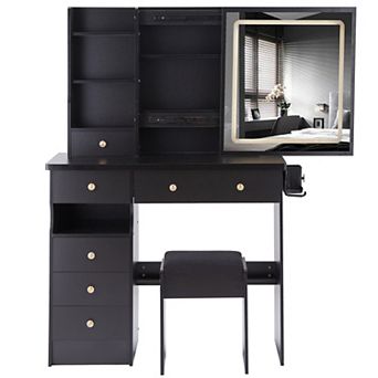 Trikiousd Makeup Vanity Set with Sliding LED Mirror, Dressing Table & Cushioned Stool Set