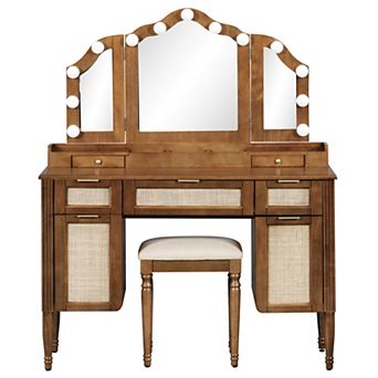 Trikiousd Vanity Desk Set Large Makeup Table with Tri-Fold Mirror & Stool