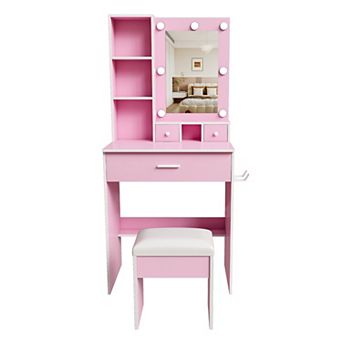 Trikiousd Compact Vanity Desk with Mirror & Cushioned Makeup Stool
