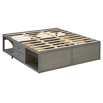 King Bed Frame with Storage Drawers, No Headboard Platform Bed with Light, Pet-Friendly Design