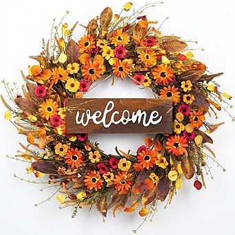 26-Inch Large Fall Wreath for Front Door with Welcome Sign