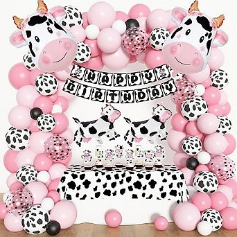 Cow Print Balloon Garland Kit with Banner, Cake Topper 115 pc for Farm-Themed Party Decorations