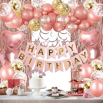 Rose Gold Party Kit with Banner, Balloons, Fringe Curtain & Foils for Princess-Themed Party