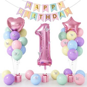 Pastel Butterfly First Birthday Set Pink Balloon Arch, Number 1 & Foils for Baby Girl Party