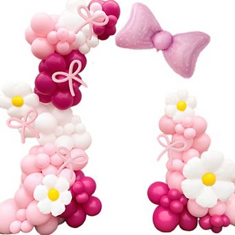 Bow Balloon Arch Garland Kit 125 pc with Hot Pink, Pink, White, Bow, and Daisy Flower Balloons