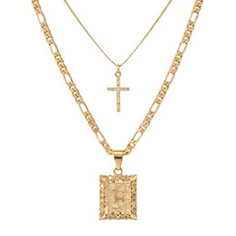 14k Gold Plated Layered Initial Cross Square Letter Pendant Necklace Gift for Women
