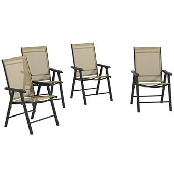 Set of 4 Stackable Outdoor Folding Chairs with Armrests, Metal Frame, Brown