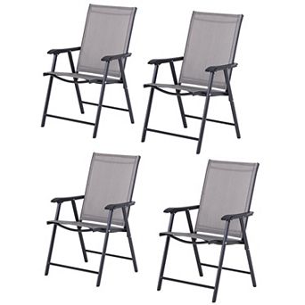 Set of 4 Stackable Outdoor Folding Chairs with Armrests, Gray Metal Frame