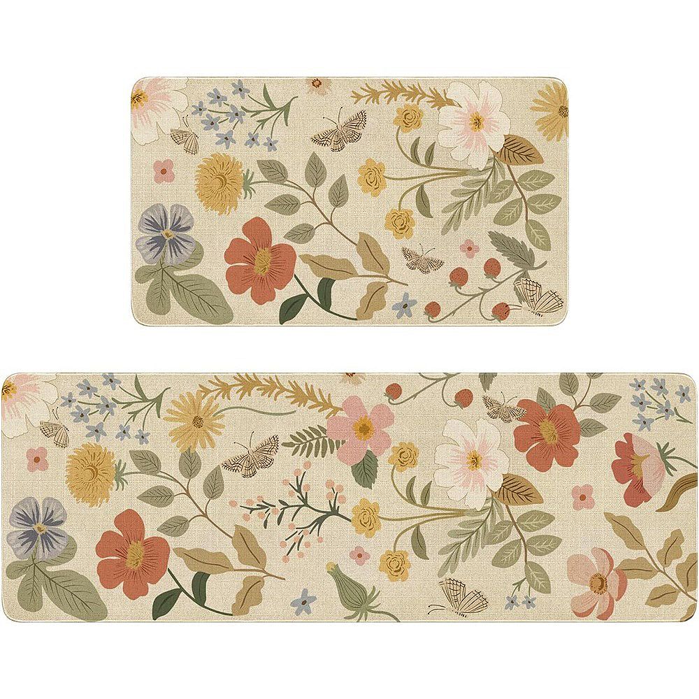 Strawberry Floral Boho Kitchen Rug Set, Non-Skid Washable, 2-Pack 17 ...