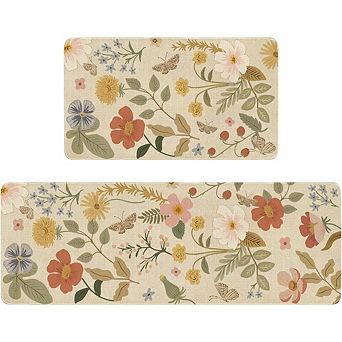 Strawberry Floral Boho Kitchen Rug Set, Non-Skid Washable, 2-Pack 17"x47"+17"x30"
