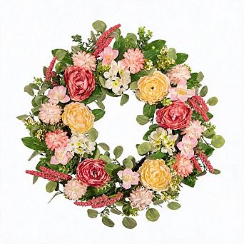 22" Silk Peony Hydrangea Wreath, Artificial Floral Wreath for Front Door Porch Farmhouse Home Decor