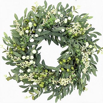21" Eucalyptus Wreath with Green White Berries, Artificial Greenery Wreath
