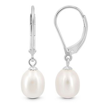 14K White Gold Plated Silver Pearl Dangle Earrings Hypoallergenic