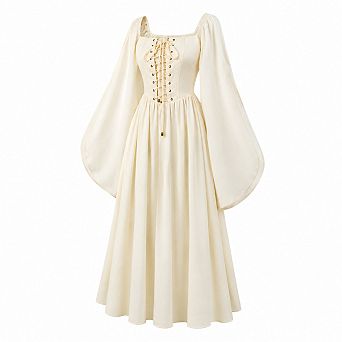 Halloween Women Medieval Witch Renaissance Dress With Bell Sleeves Pockets